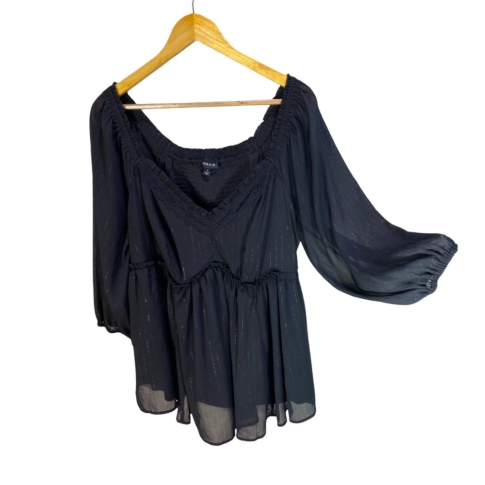 Torrid Black Shimmer Lace Trim Babydoll Blouse Top Womens 1 Plus L XL Whimsygoth